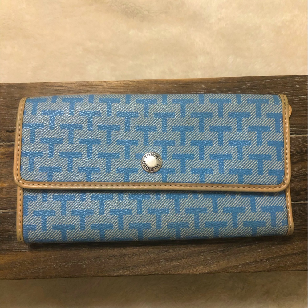 Vintage Tommy Hilfiger Turquoise Blue Tri fold Wallet Logo Monogram coated